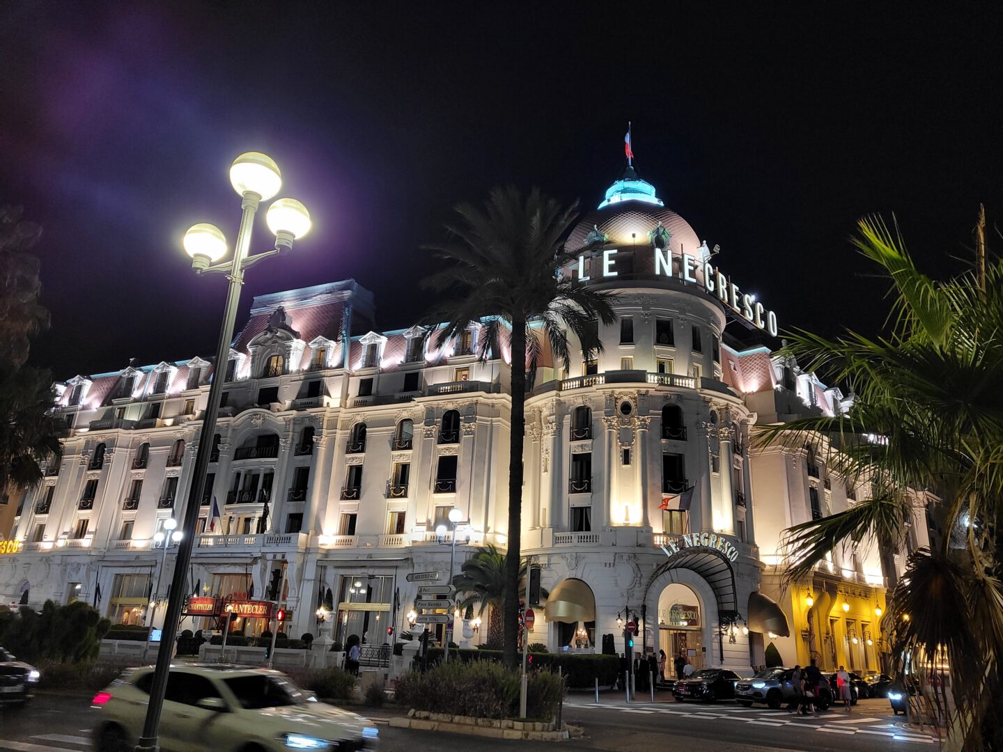 Le Negresco hotel in Nice illuminated at night